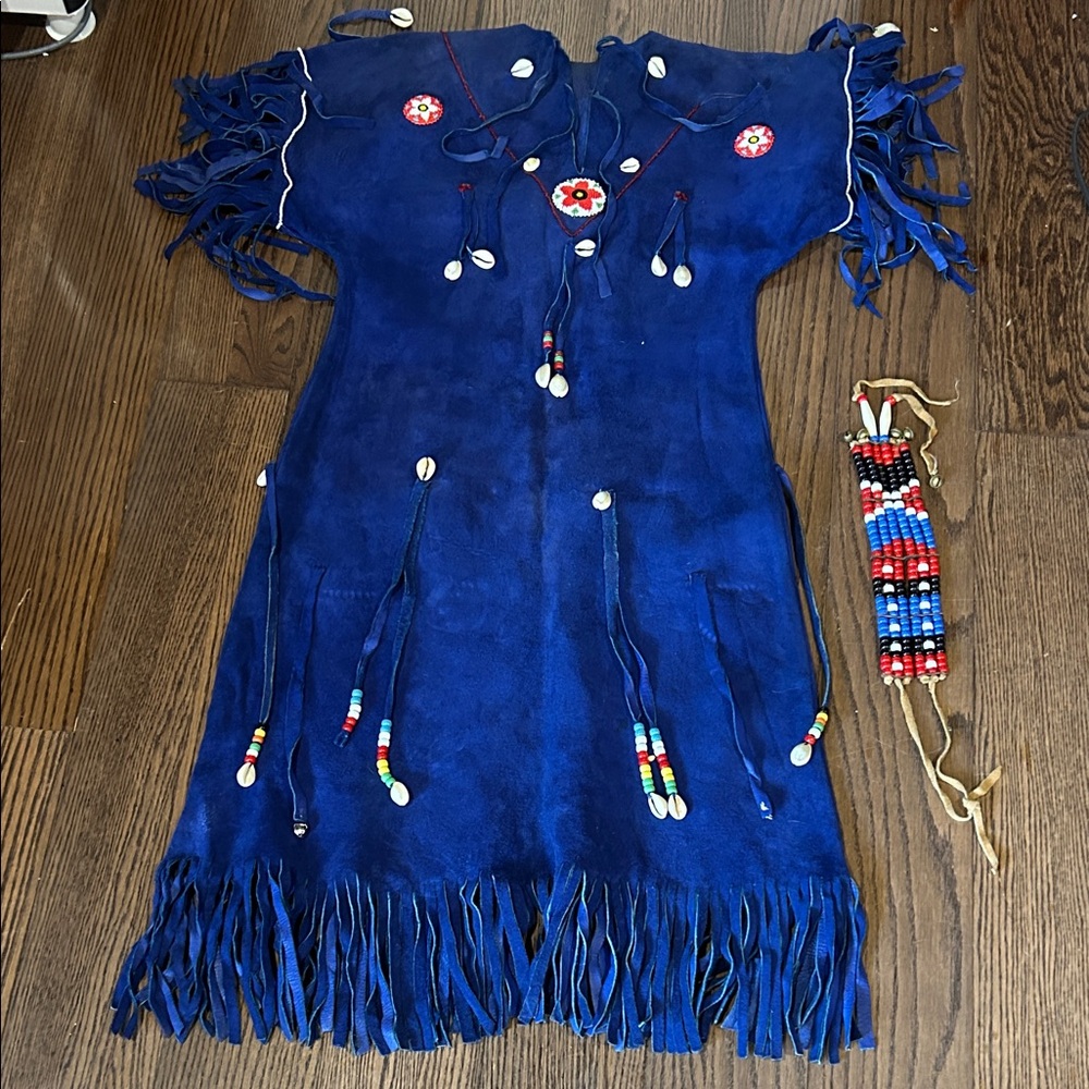 Vtg Native American blue suede Ceremonial fringe beaded American dress